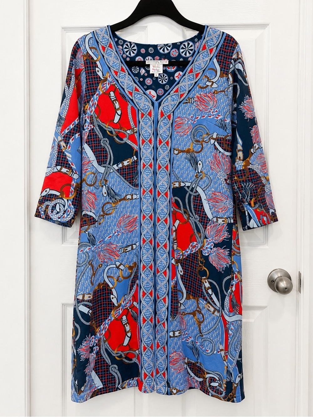Gretchen Scott Designs Blue Geometric Print Dress, 3/4 Sleeve size Large